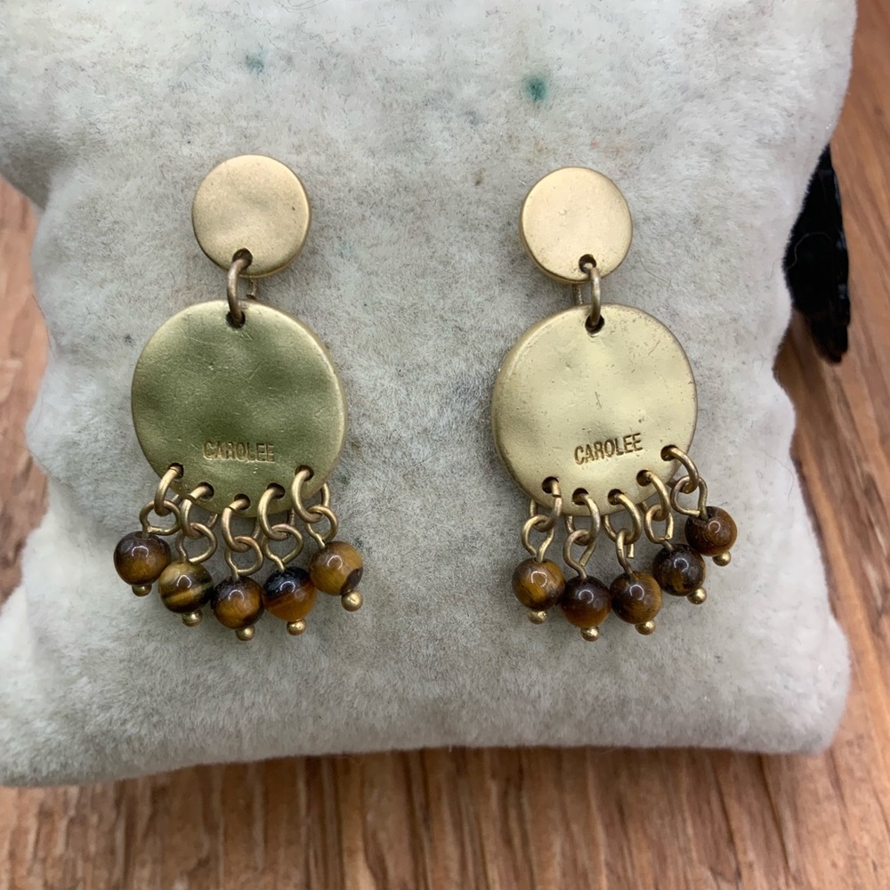 Carolee Gold Tone Disc Brown Beads Dangle Earrings